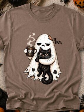 Grumpy Ghost With Coffee & Black Cat TShirt Graphic Tee Adult Unisex Funny Cute